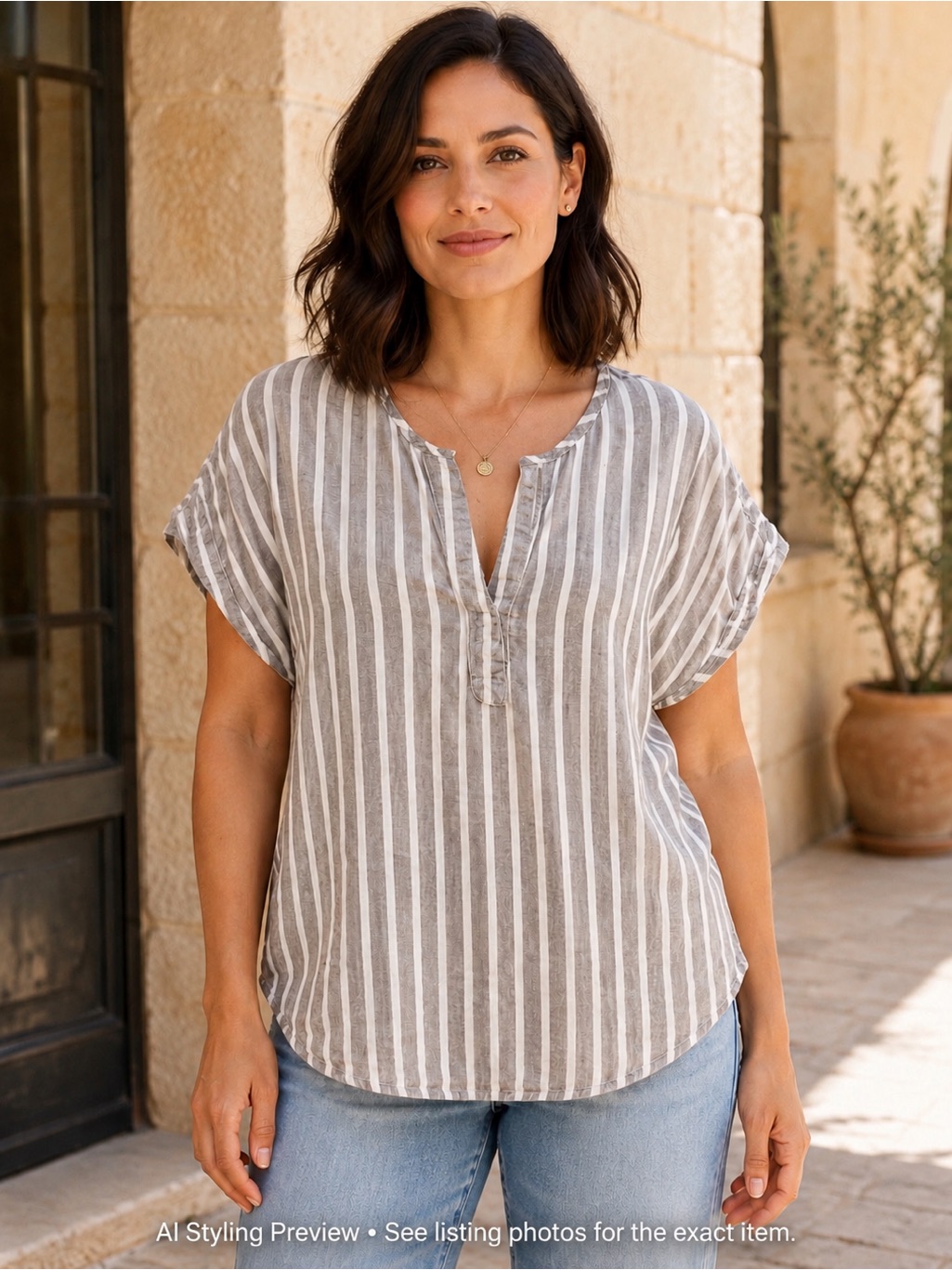 Ellen Tracy Linen Blend Stripe Blouse Gray White Split Neck Relaxed Top M